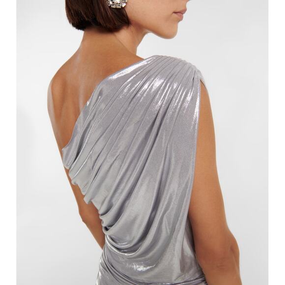 Norma Kamali One Shoulder Lame Mini Dress Silver Metallic Ruffle Drape SZ M - Picture 5 of 9